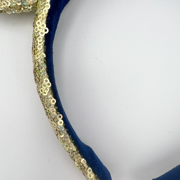 Disney World 50th Anniversary Gold Sequin Blue Satin Minnie Bow Ear Headband - Picture 5 of 10